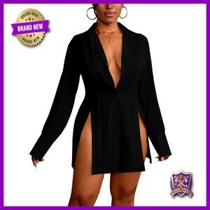 Long Sleeve Button Down Shirt Dress with V Neck and Slit Hem